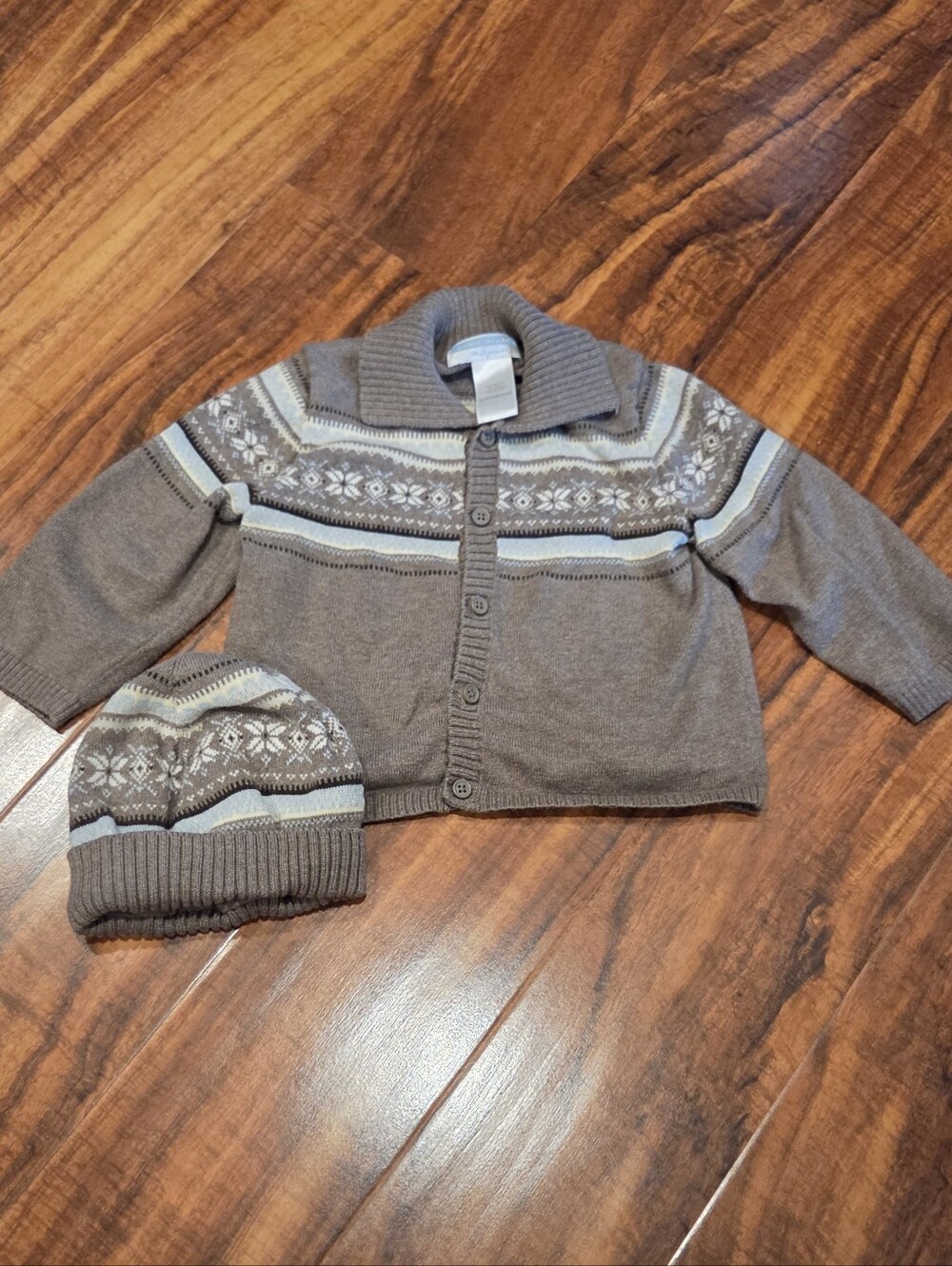 Janie and Jack EUC 12-18 Months Tan Fair Isle Cardigan & Matching Sweater Hat